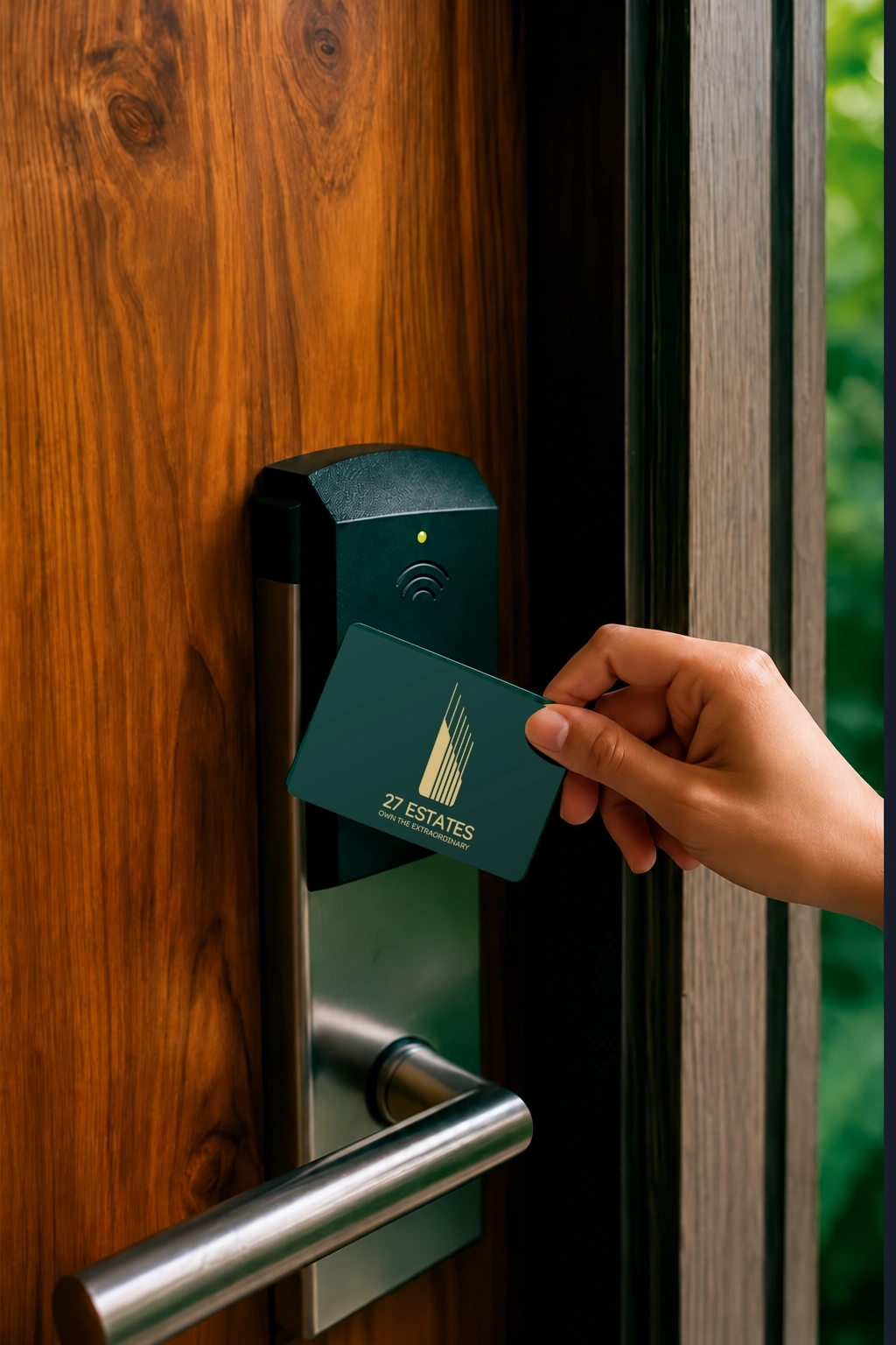 A hand holding a green access card with the original full vertical 27 Estates logo