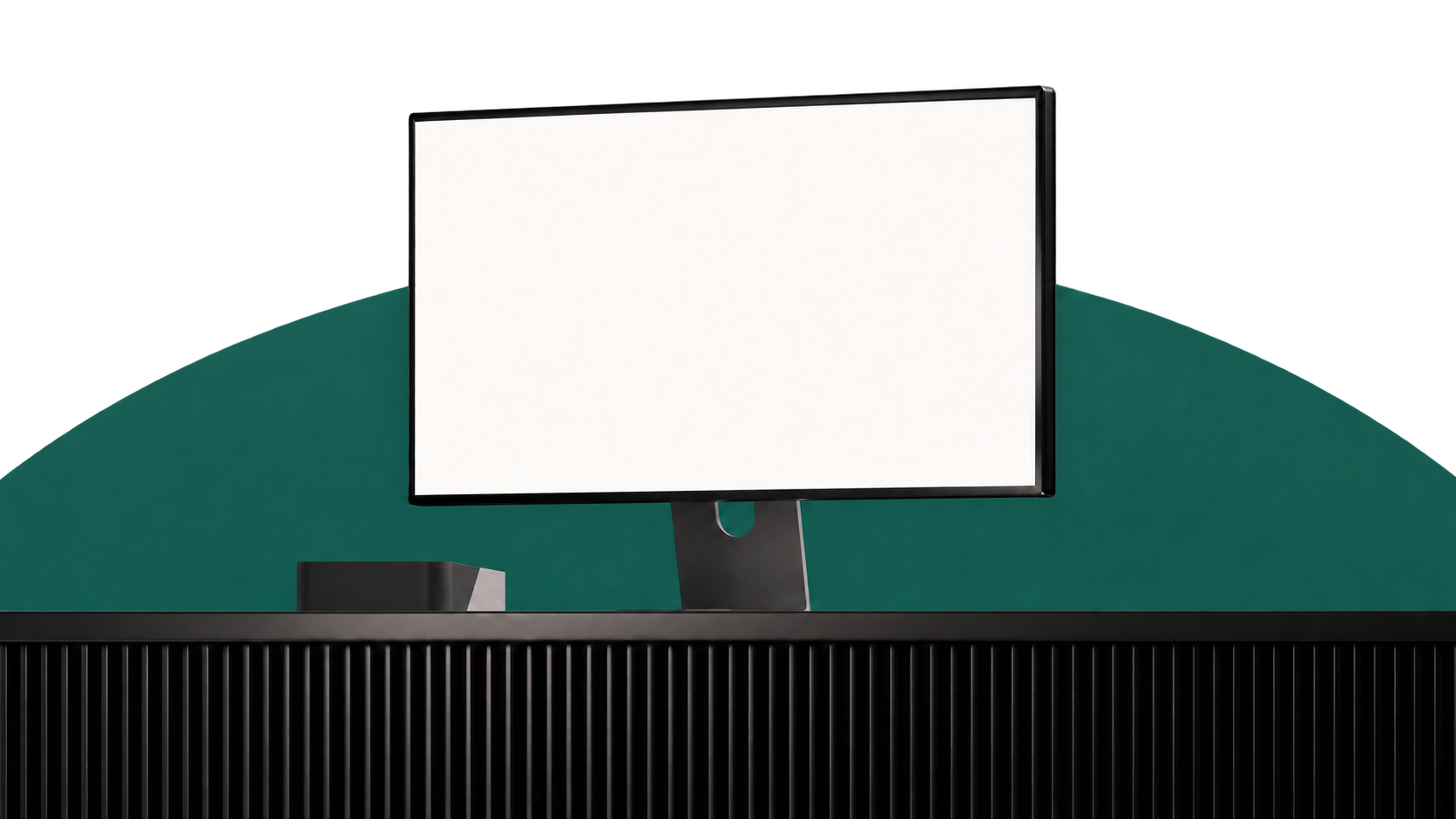Full-width monitor shoot with a green backdrop and black slatted desk, blending into the page background