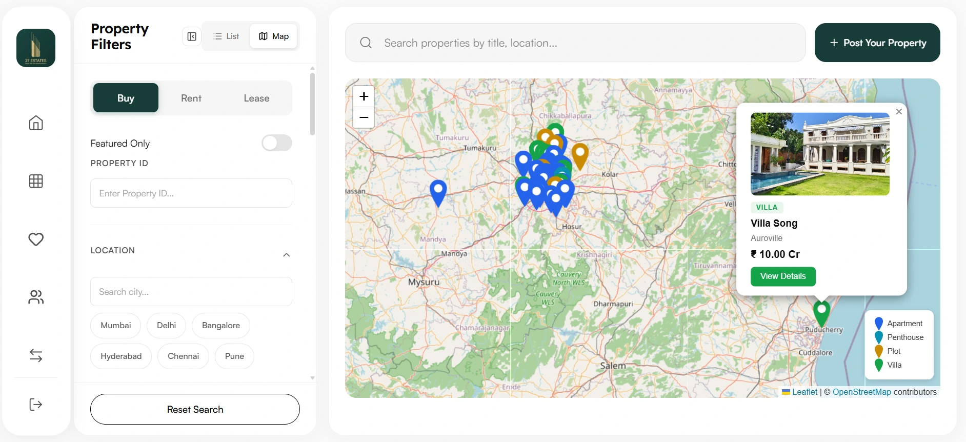 Dedicated property search with filters, a map, location markers, and property previews