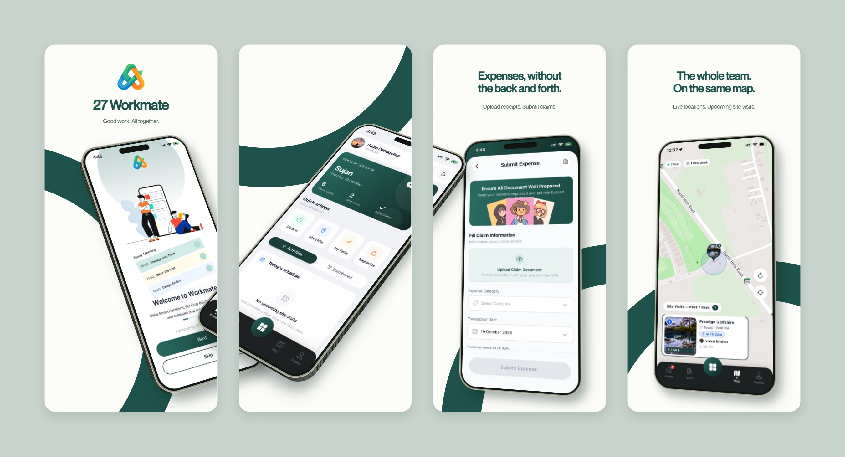 One horizontal 27 Workmate creative with four ivory sheets, three-dimensional tilted phones flowing across the sheets, a transparent Workmate logo, expense claims, and the supplied Nandi Hills site-visit map