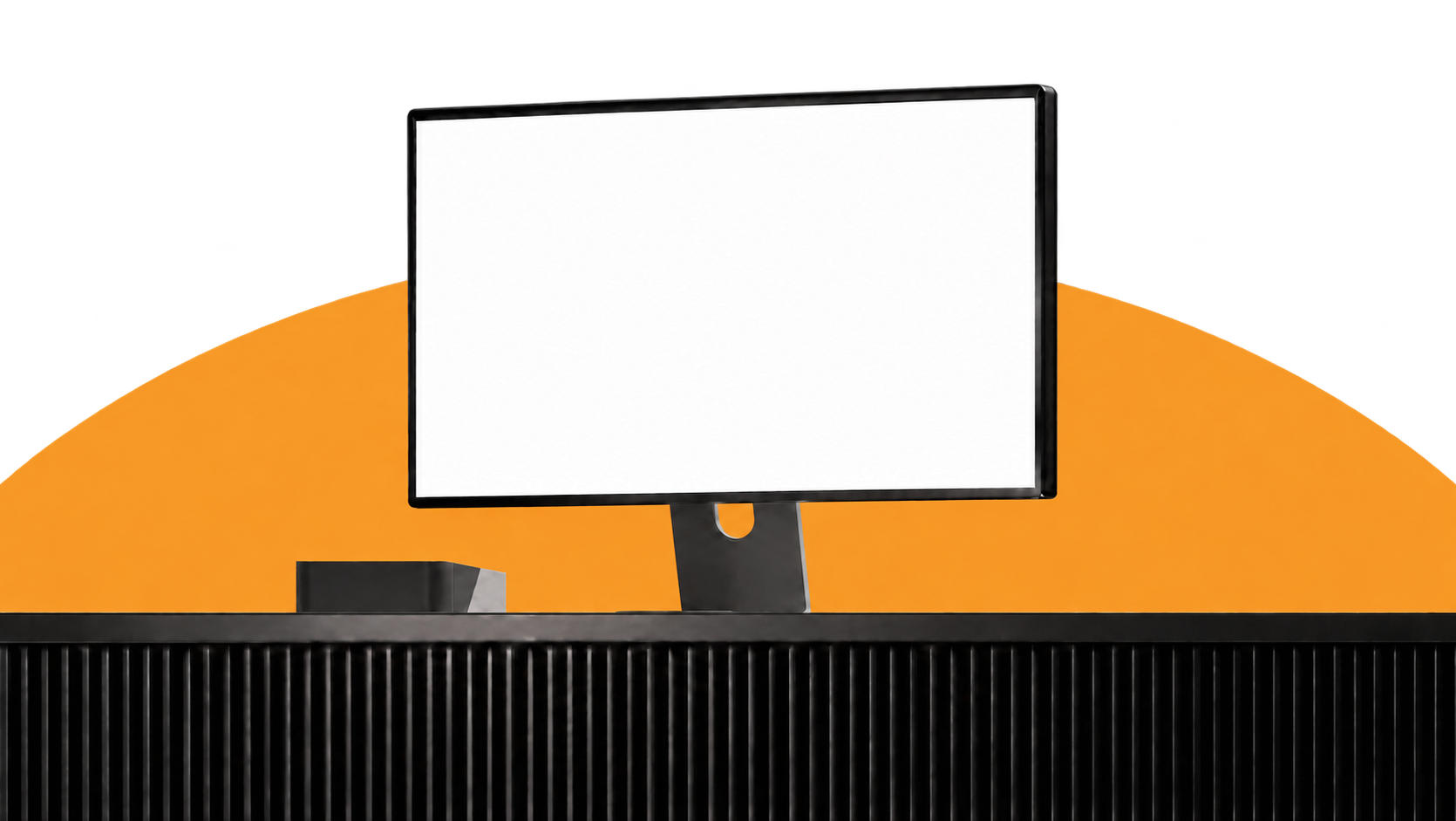 Desktop monitor on an orange curved backdrop with a transparent upper background
