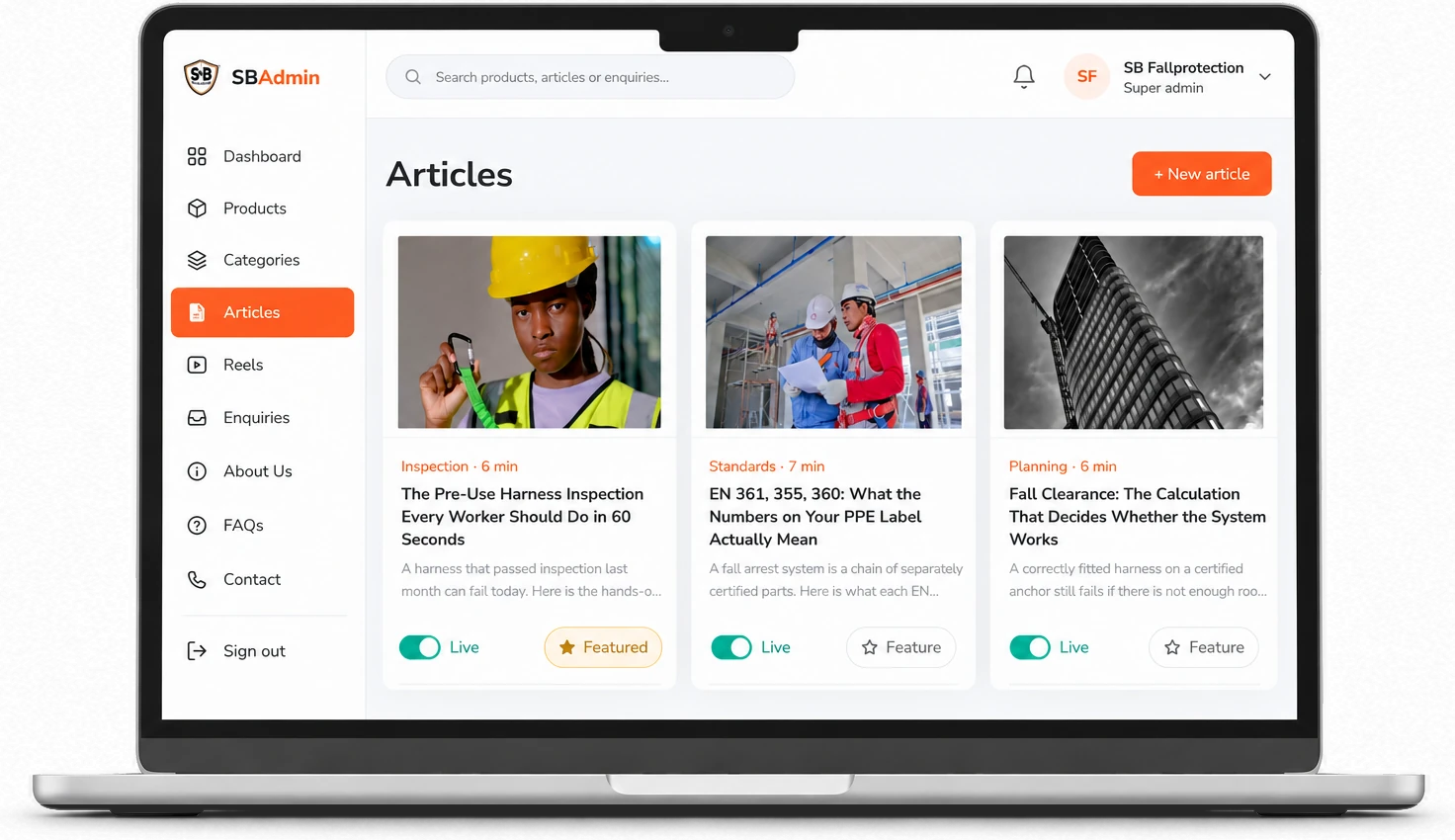 The SB admin platform on a laptop, showing the articles list with live and featured toggles