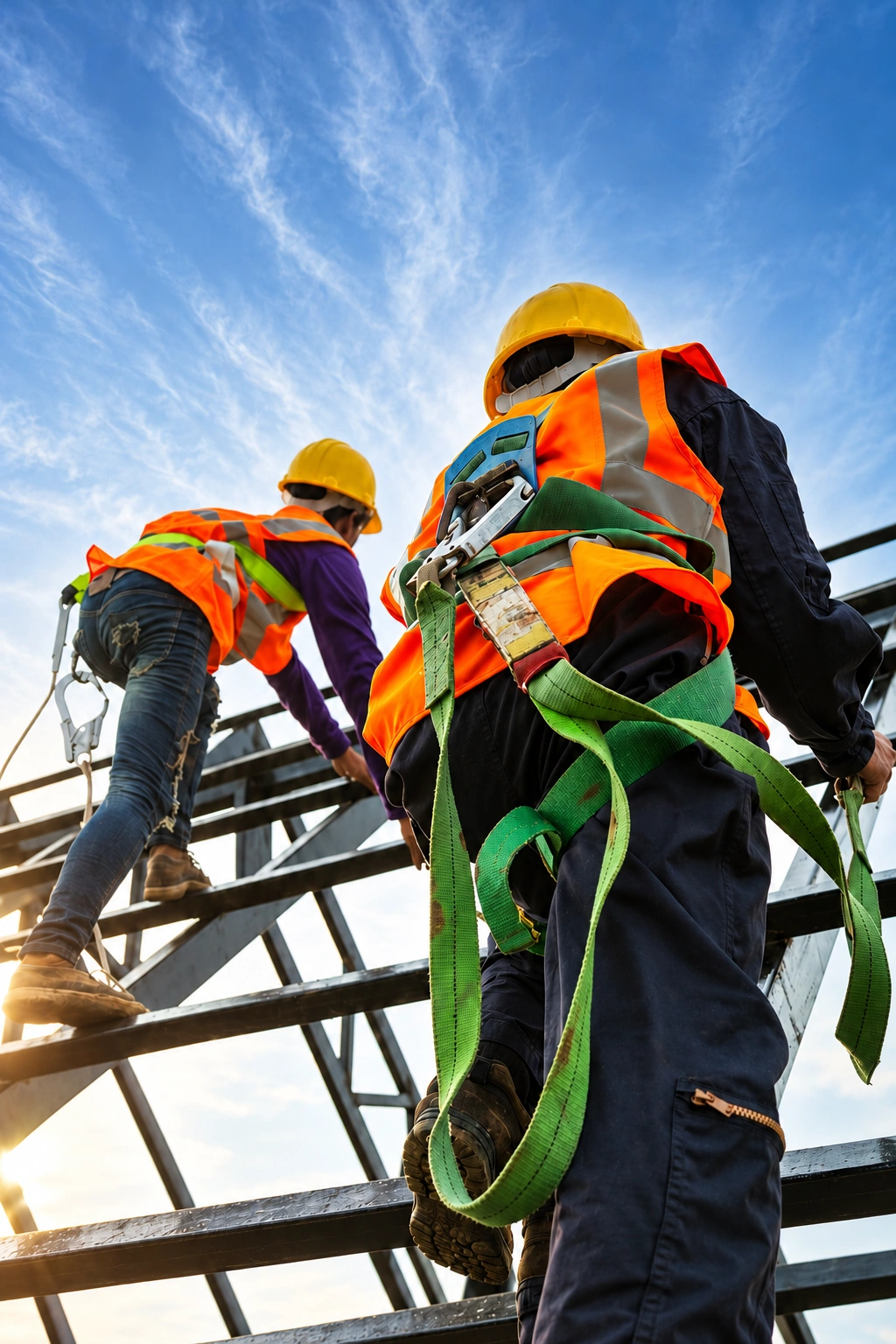 Two workers in harnesses climbing a steel frame against a blue sky