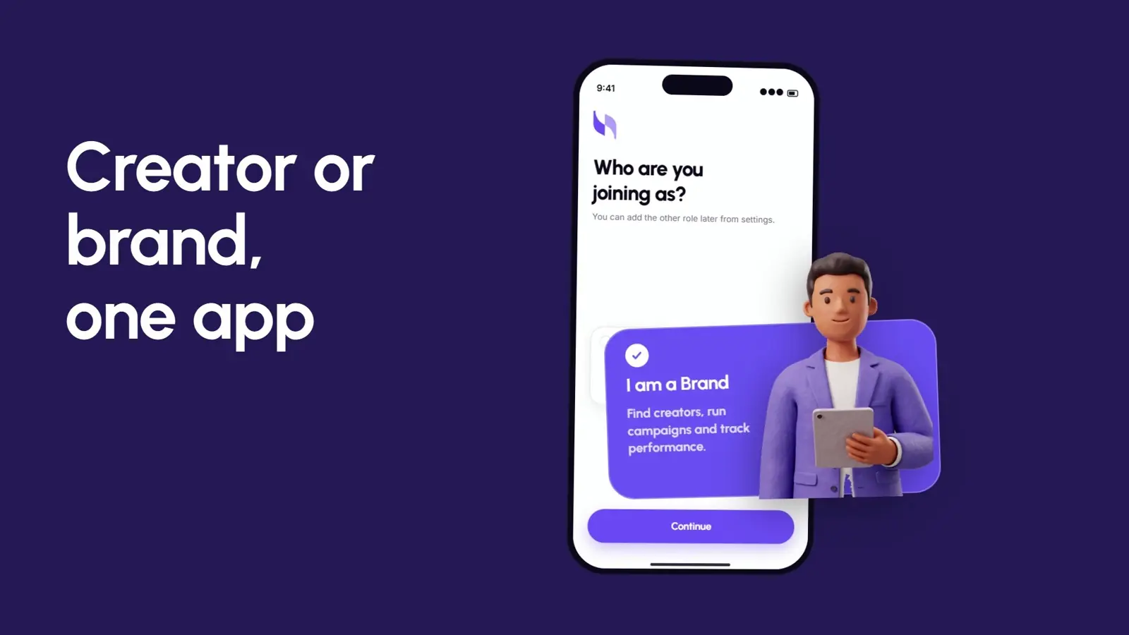 The Tazmify app walkthrough: choosing a role, with the brand card lifting out of the phone