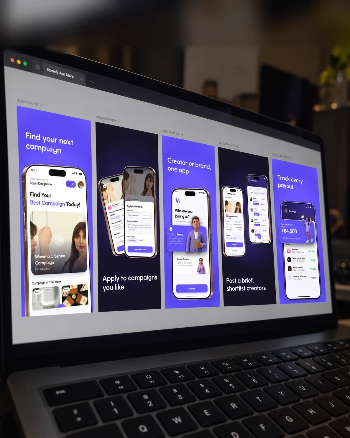 The Tazmify app presentation on a laptop: find your next campaign, apply, creator or brand, track every payout