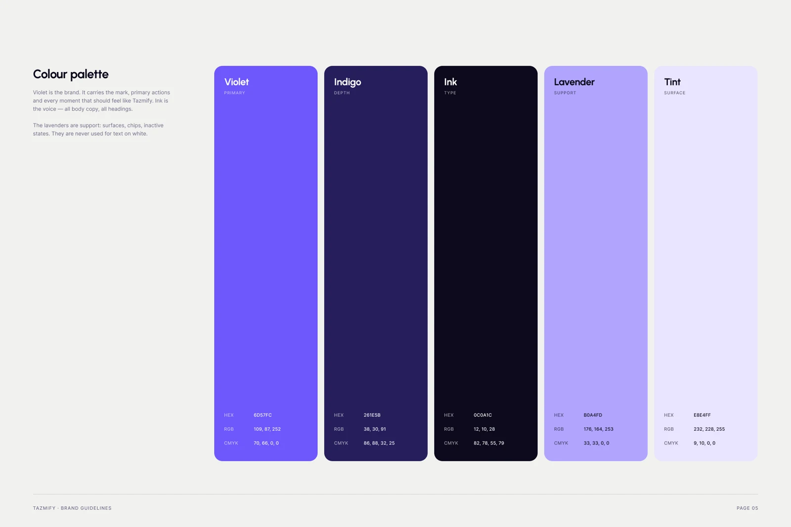 Tazmify brand guidelines, page 4: Colour palette