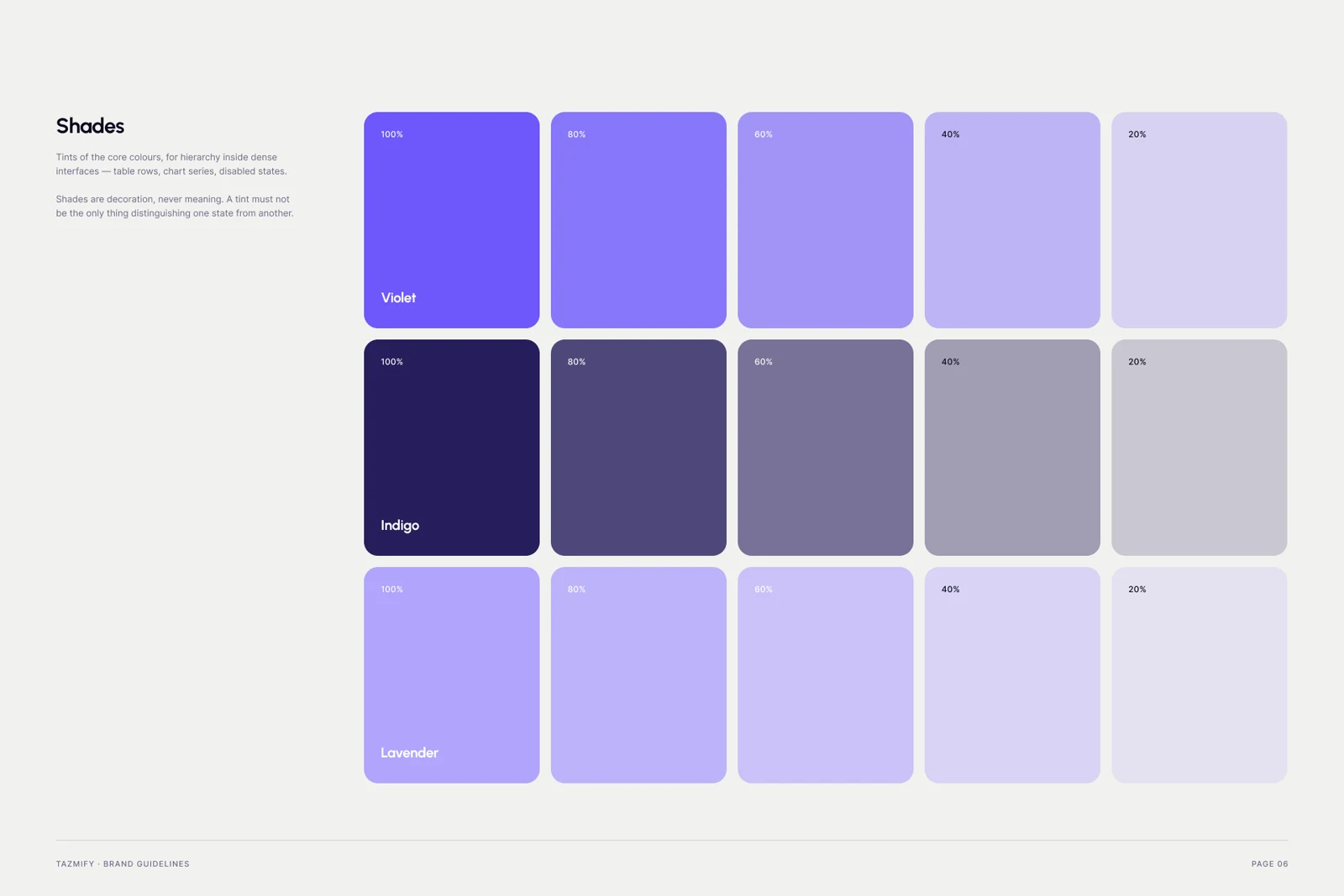 Tazmify brand guidelines, page 5: Colour · shades