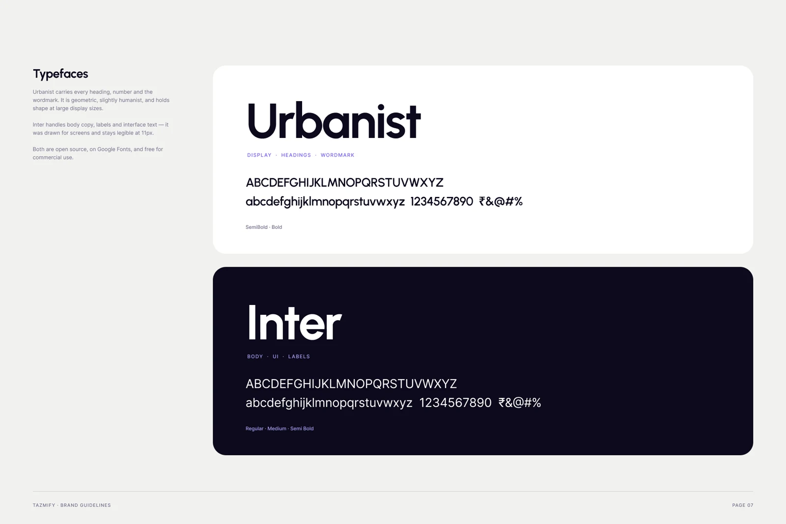 Tazmify brand guidelines, page 6: Typography