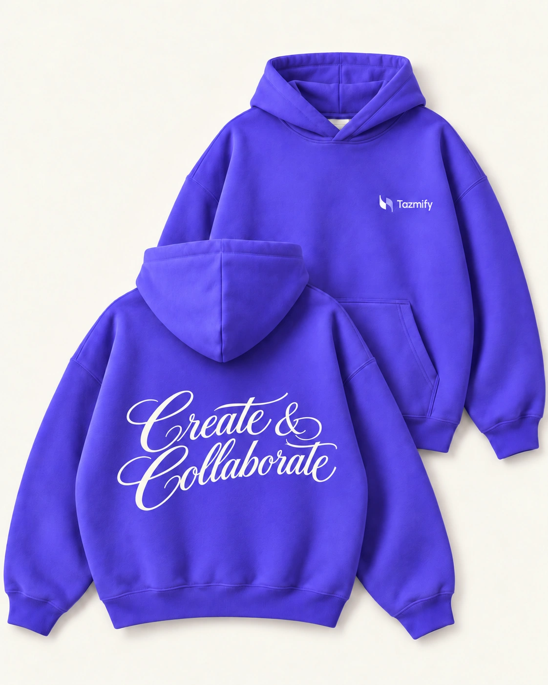 Front and back of a violet Tazmify hoodie, with a small chest logo and Create & Collaborate script centred on the back